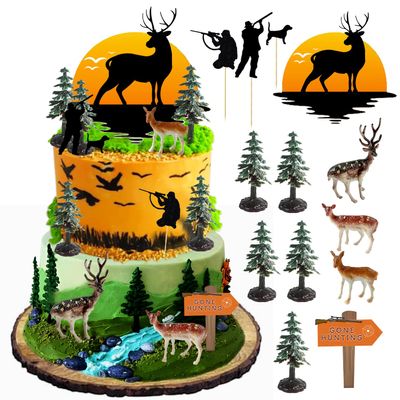 13PCS Deer Hunting Cake Topper Deer Hunter Cake Decoration Set Deer Tree Green Camo Hunting Birthday Decorations for Camo Camping Hunting Birthday Baby Shower Party Supplies