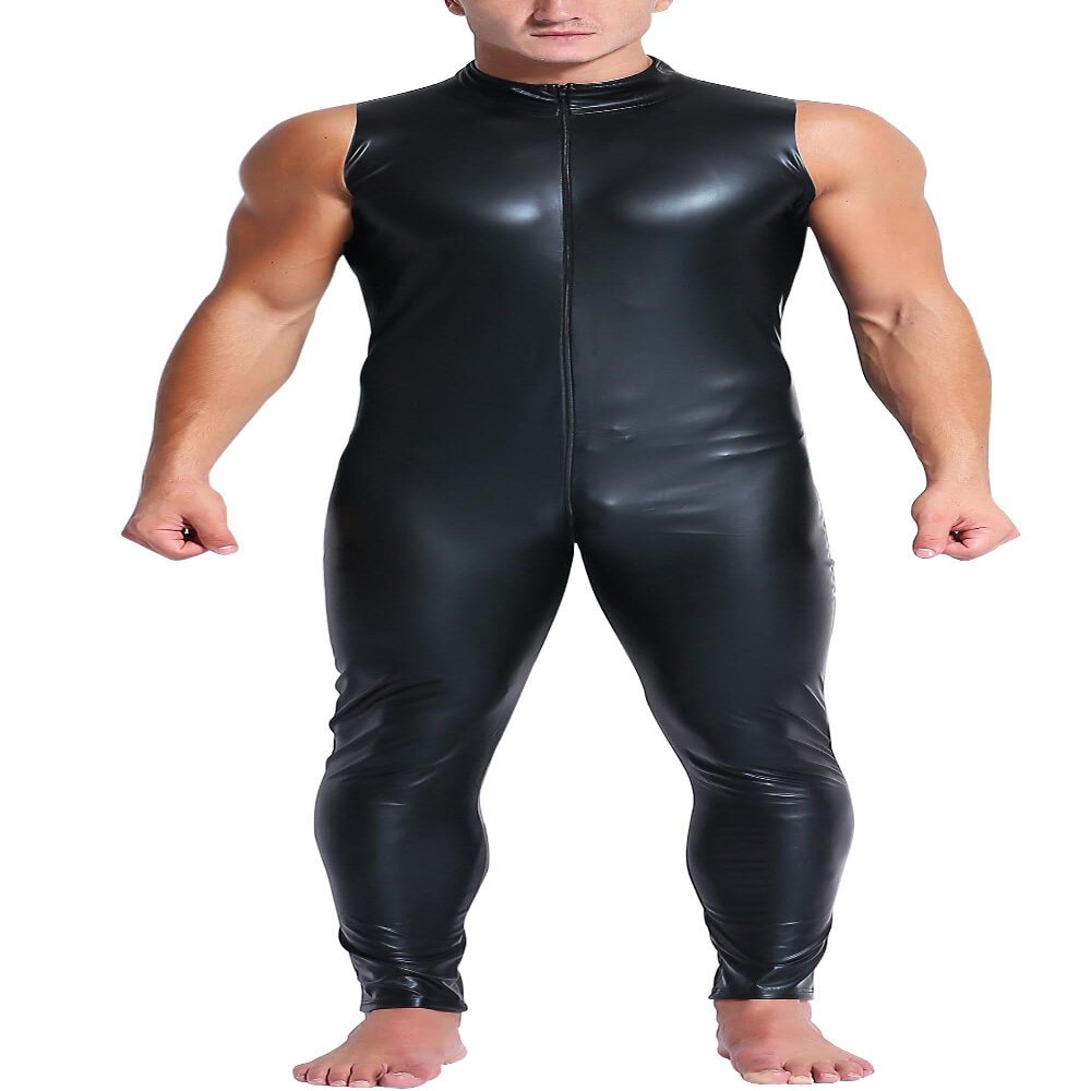 AIEOE Men's Jumpsuit Patent Leather PVC Overall with Long Zipper Sexy One-Piece Suits Slim Fit, Black 04, M