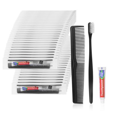 15 Pack Black Disposable Toothbrushes with Toothpaste and Comb Set,10g Toothpaste,7inch Hair Comb,Individually Wrapped Disposable Travel Hotel Toothbrush Set for Homeless,Hotel,Charity