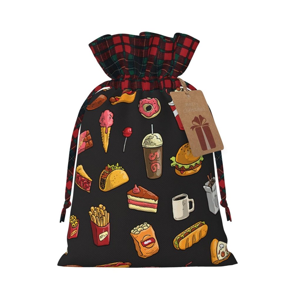 Ogniwo Festive Drawstring Bags For Gift,Christmas And Birthday Gift Bags, Large Size,Xmas Gift Bags,Chicken Leg Burger Drink