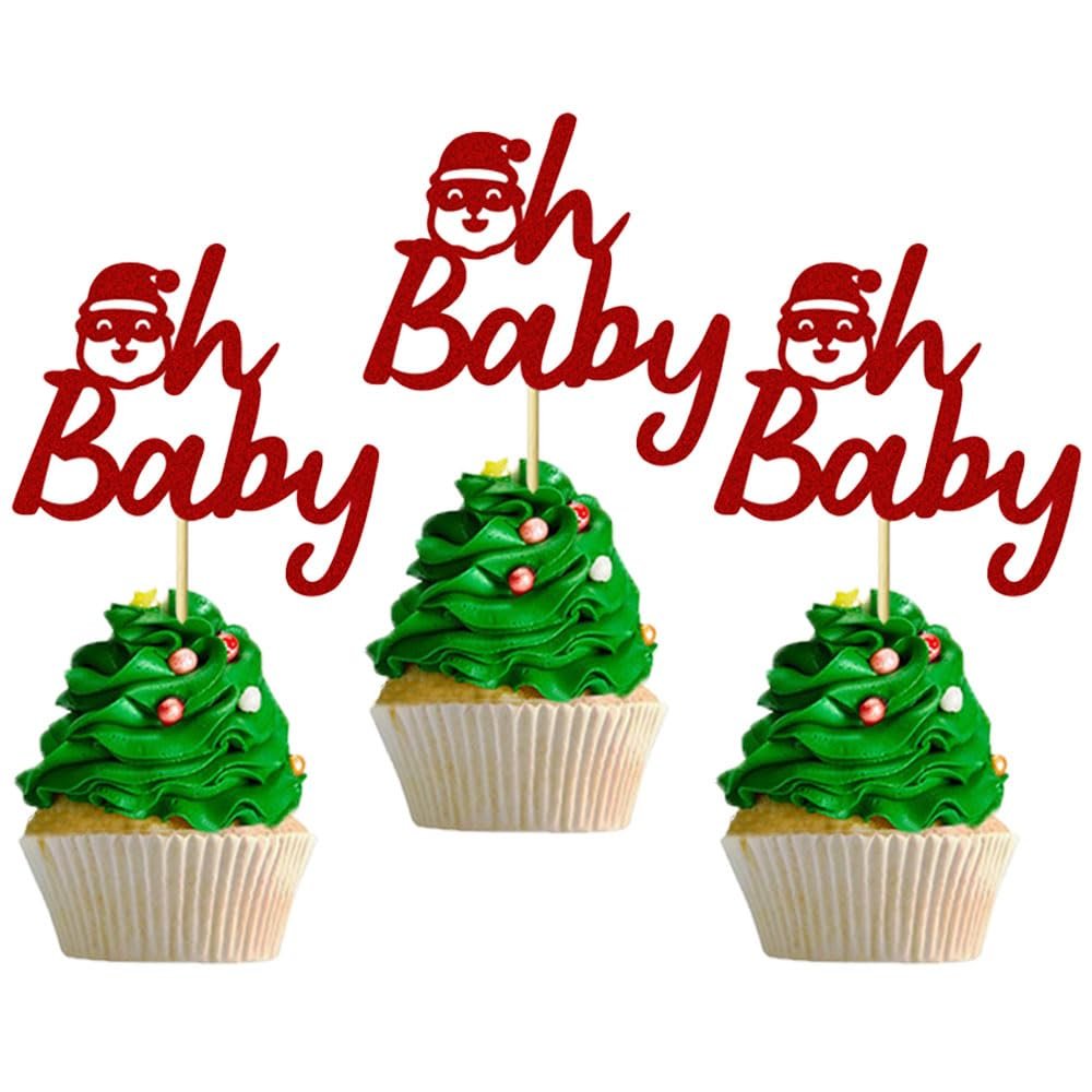 24pcs Santa Oh Baby Cupcake Toppers Baby Gender Reveal Cake Decorated Birthday Party Christmas Theme Dessert Insert MGPFERD
