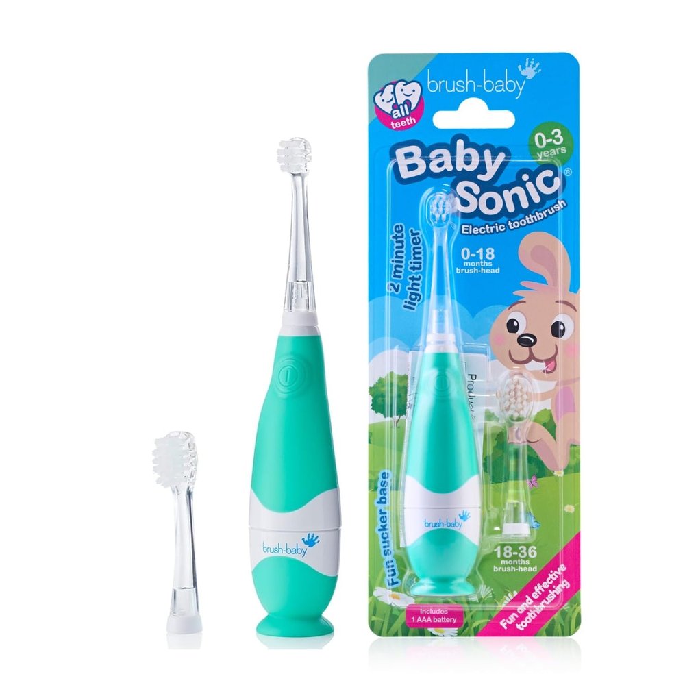 Brush-Baby - BabySonic Teal Electric Toothbrush, 0-36 Months - Soft, Gentle Vibrating Toothbrush for Sensitive Gums & New Teeth - with LED Light & Suction Base - Baby & Toddler Brush Heads