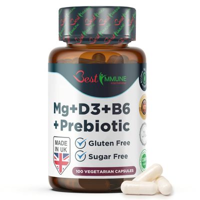 Best Immune Magnesium Lactate Vitamins B6 and D3 with Inulin Prebiotic Complex - High Strength for Maximum Absorption and Overall Wellness Pure Ingredients 100 Capsules