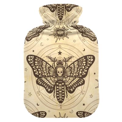 Hot Water Bottle, 1L Small Hot Water Bag with Soft Plush Warmer Cover Gothic Beige Skull Moth Butterfly, Leak Proof Screw Plug Best for Winter Sports Outdoors Back Neck and Leg Cold Muscle Pain and Cr