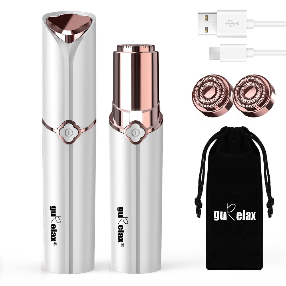 Gurelax Facial Epilator for Women, Painless Lady Shavers, Rechargeable, USB Powered, Waterproof, White, Includes 2 x Replacement Heads, Small Brush, Flannel Bag, USB Charging Cable