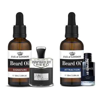 Jax of London Aventus and Sauvage Inspired Beard Oil 100ml Bundle Pack. Beard Conditioning & Growth Oil Luxury Scented. (Signature and Attraction)