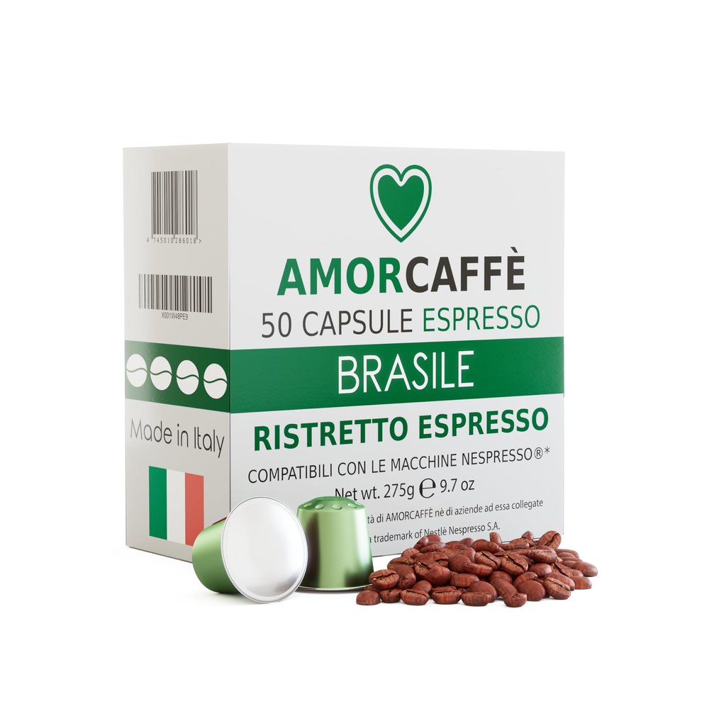 Amorcaffe 50 Aluminium Capsules Compatible with Nespresso Pods - Brasile Ristretto Espresso