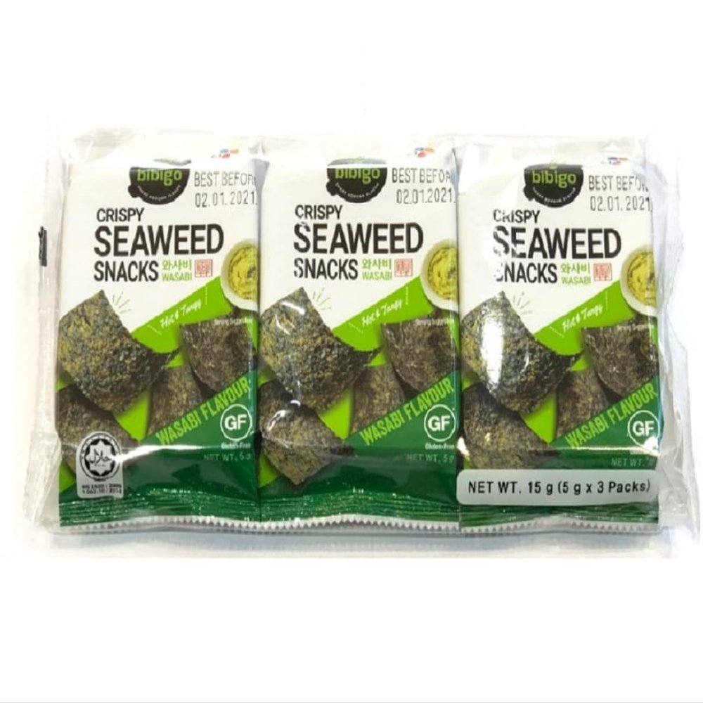 CJ Bibigo Crispy Seaweed Snacks - Wasabi Flavour (Pack of 3) 15g