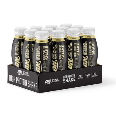 ON High Protein Shake Bottles, Ready to Drink Healthy Snacks, No Added sugars, Low Fat, Post Workout Snack for Men and Women, Vanilla Flavour, 12x330ml, Packaging May Vary