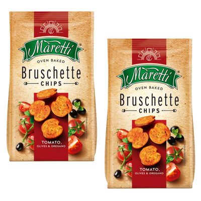 Maretti Bruschette Tomato & Olives & Oregano Chips 70g | Italian Bagel Crisp Chips | 2 in 1 Snack | Freshly Oven-Baked Crispy Vegetarian Bites | GMO Free (Tomato & Olives & Oregano, 2 Pack)