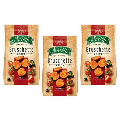 Maretti Bruschette Chips 70g | Italian Bagel Crisp Chips | 2 in 1 Snack | Freshly Oven-Baked Crispy Vegetarian Bites | GMO Free | Party Snacks Thin Bagels (Tomato & Olives & Oregano, 3 Pack)