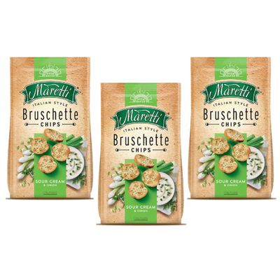 Maretti Bruschette Chips 70g | Italian Bagel Crisp Chips | 2 in 1 Snack | Freshly Oven-Baked Crispy Vegetarian Bites | GMO Free | Party Snacks Thin Bagels (Sour Cream & Onion, 3 Pack)