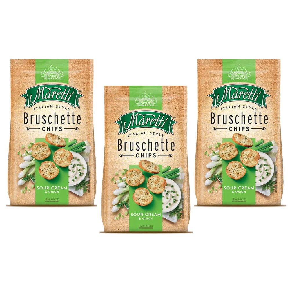 Maretti Bruschette Chips 70g | Italian Bagel Crisp Chips | 2 in 1 Snack | Freshly Oven-Baked Crispy Vegetarian Bites | GMO Free | Party Snacks Thin Bagels (Sour Cream & Onion, 3 Pack)