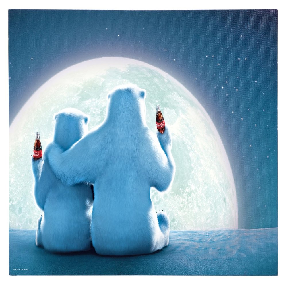 Mark Feldstein & Associates Coca Cola Advertising Polar Bears with Moon Pre Lit LED and Fiber Optic Canvas Holiday Artwork, 16 x 12