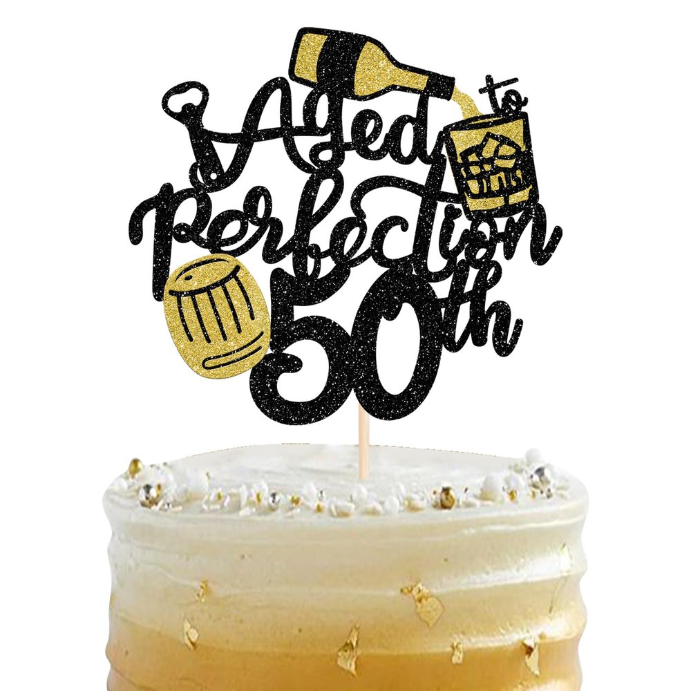 Rsstarxi 1 Pack Aged to Perfection 50th Birthday Cake Topper Glitter Wine 50th Birthday Cake Decoration Cheers to 50th Years Cake Pick for Whisky Theme Husband 50th Birthday Party Decorations