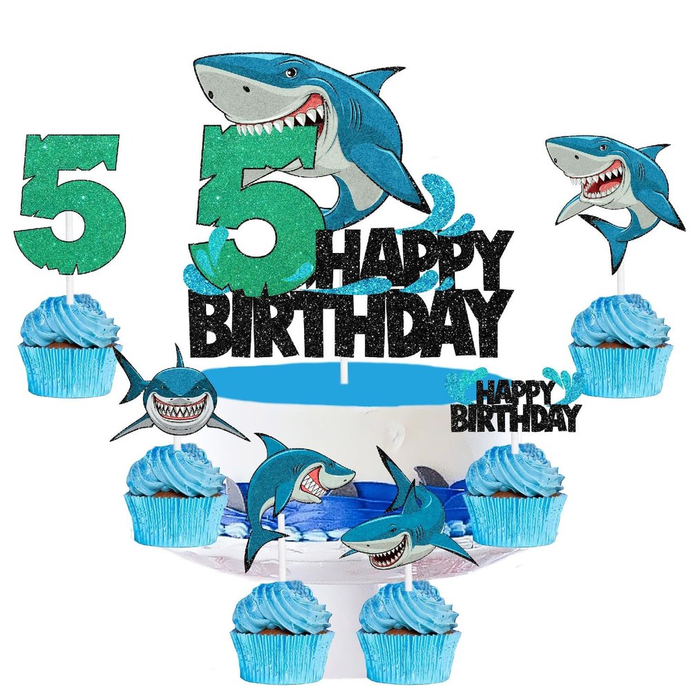 Kids' White Shark Themed 5th Happy Birthday Cake Toppers 7-PC Set - Perfect for a great white shark themed birthday party or ocean themed party decoration for a boy or girl - SugarGera