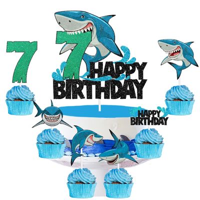 Kids' White Shark Themed 7th Happy Birthday Cake Toppers 7-PC Set - Perfect for a great white shark themed birthday party or ocean themed party decoration for a boy or girl - SugarGera, SET-SHAYU-7
