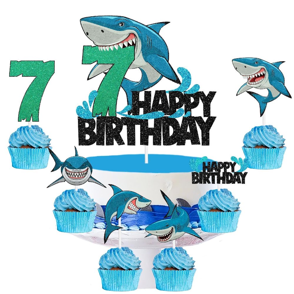 Kids' White Shark Themed 7th Happy Birthday Cake Toppers 7-PC Set - Perfect for a great white shark themed birthday party or ocean themed party decoration for a boy or girl - SugarGera, SET-SHAYU-7