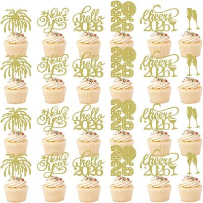 Bekaterea 24Pcs Happy New Year Cupcake Topper,Glitter New Year Cake Decorations,Best Dessert Decor Present for Holiday,Hello 2026,New Year's Eve party supplies 2026