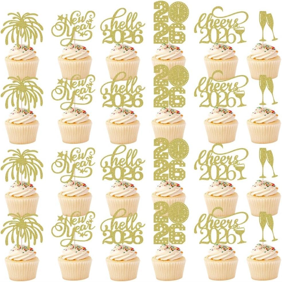Bekaterea 24Pcs Happy New Year Cupcake Topper,Glitter New Year Cake Decorations,Best Dessert Decor Present for Holiday,Hello 2026,New Year's Eve party supplies 2026