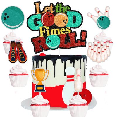 Bowling Cake Toppers 7-Pcs Themed Happy Birthday Decorations, Boy or Girl Themed Birthday Party, a Kid's Vintage Bowling Themed Party, or a Baby Shower Let the Good Things Roll! Decorations. SugarGera
