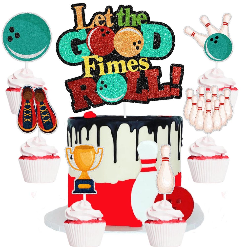 Bowling Cake Toppers 7-Pcs Themed Happy Birthday Decorations, Boy or Girl Themed Birthday Party, a Kid's Vintage Bowling Themed Party, or a Baby Shower Let the Good Things Roll! Decorations. SugarGera