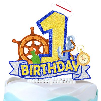 Sailor Hat Cake Topper Kids Nautical Theme 1st Birthday Happy Anchor Rudder Decoration, Decoration for a boy or girl's sailor birthday party, nautical party, ocean party, or baby shower. SugarGera