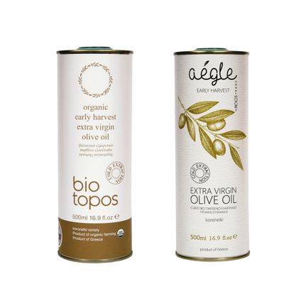 Biotopos Organic EVOO & Aegle Cold Pressed Extra Virgin Olive Oil, both Early Harvest from Koroneiki Variety high in Polyphenols, 2 x 500 ml, Tins, Messenia Greece (2pack)