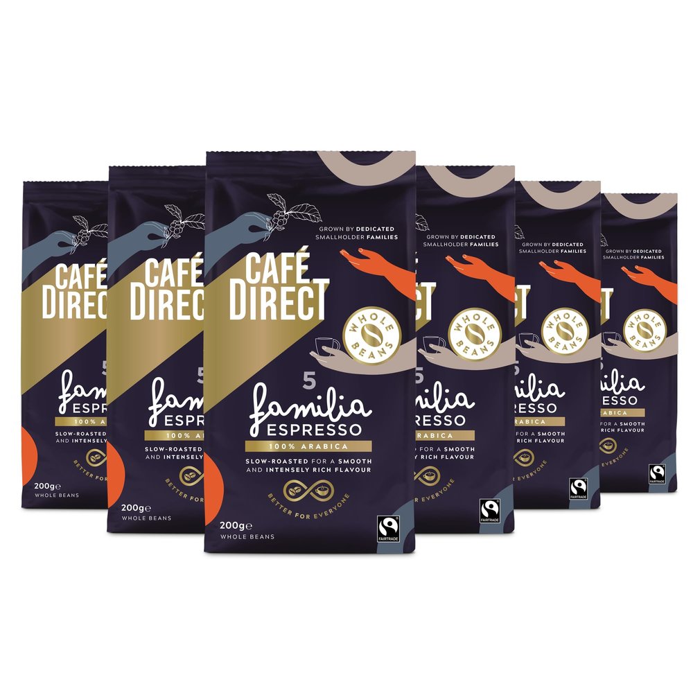 Cafdirect Fairtrade Familia Espresso Whole Bean Coffee 200G (Pack of 6)