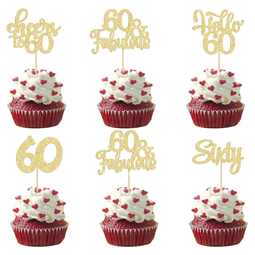 30Pcs Happy 60th Birthday Cupcake Toppers Gold Glitter Sixty Cake Toppers Cheers to 60 Years Old Birthday Cupcake Picks for 60th Birthday Anniversary Party Cake Decorations Supplies