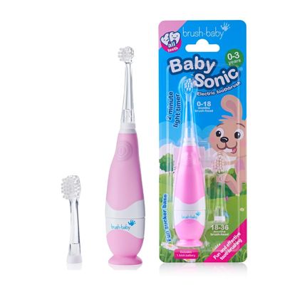 Brush-Baby - BabySonic Pink Electric Toothbrush, 0-36 Months - Soft, Gentle Vibrating Toothbrush for Sensitive Gums & New Teeth - with LED Light & Suction Base - Baby & Toddler Brush Heads
