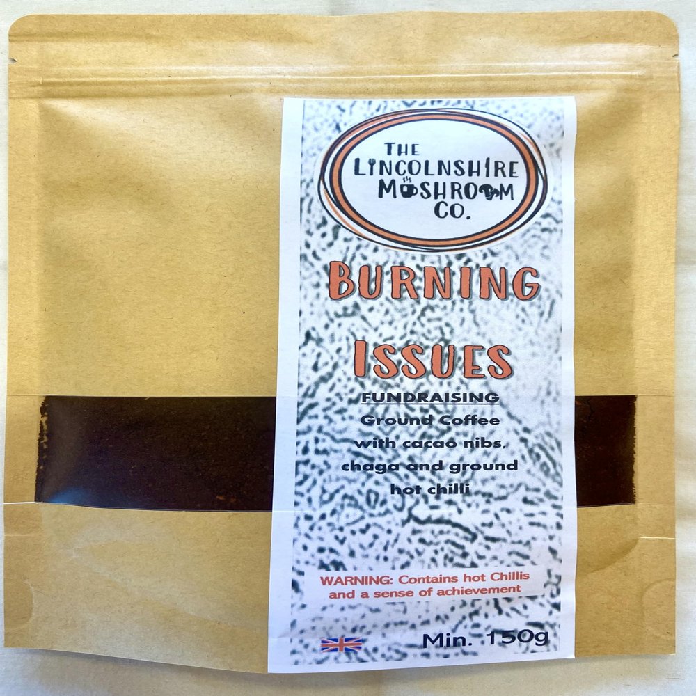 Adaptogenic Mushroom Coffee Made With Chaga, Hot Chilli and Cacao -Burning Issues- (Inonotus Obliquus). 150g Bag- The Lincolnshire Mushroom Co.