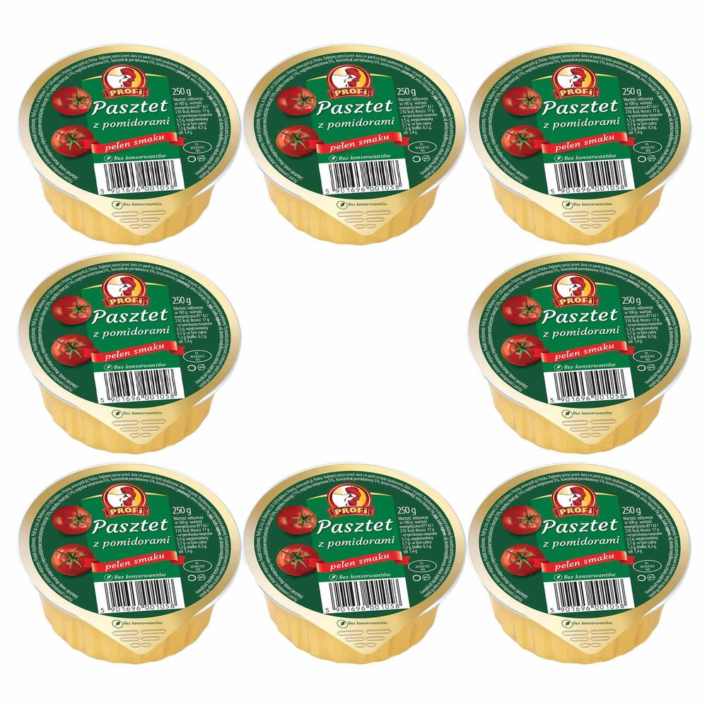 Profi Pate 250g Canned Food | Product of Poland | Delicate and Fluffy Texture | an Ideal Condiment for Chutney's, Pickles, Fresh Bread & Savoury Biscuits (WIELKOPOLSKI Pate with Tomato, 8 Pack)