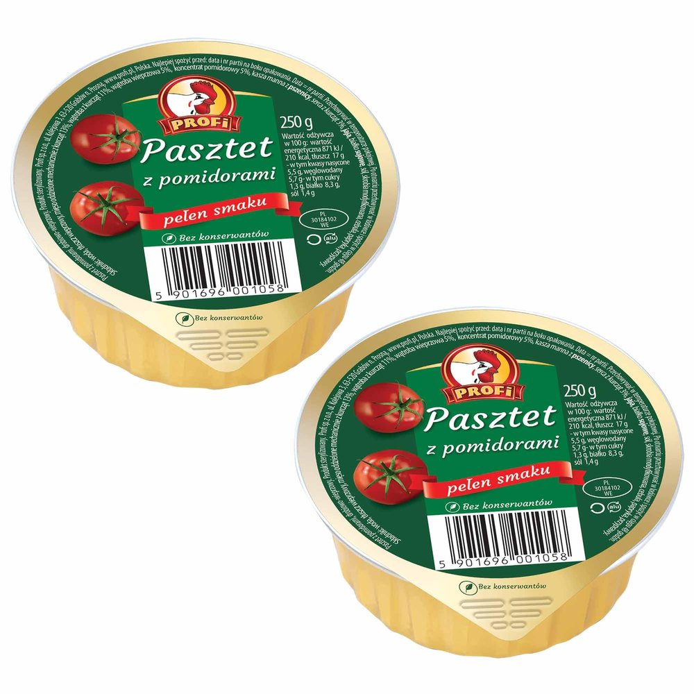 Profi Pate 250g Canned Food | Product of Poland | Delicate and Fluffy Texture | an Ideal Condiment for Chutney's, Pickles, Fresh Bread & Savoury Biscuits (WIELKOPOLSKI Pate with Tomato, 2 Pack)