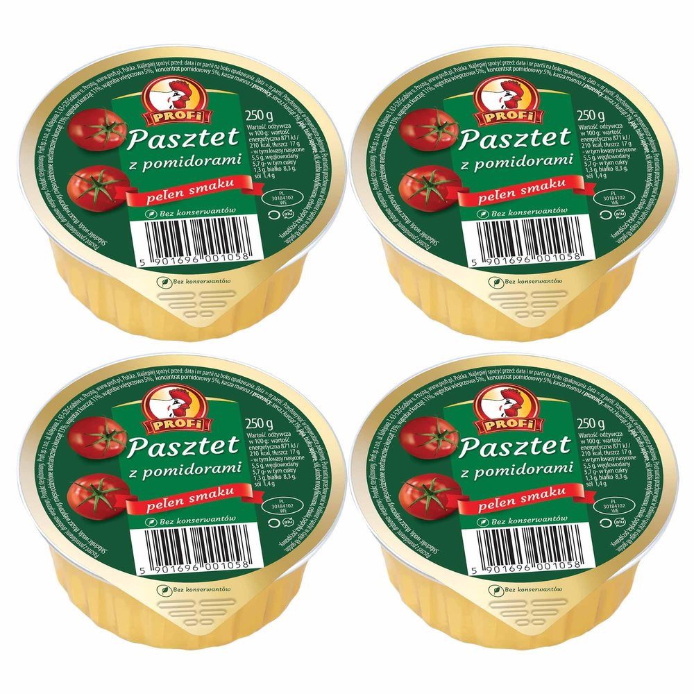 Profi Pate 250g Canned Food | Product of Poland | Delicate and Fluffy Texture | an Ideal Condiment for Chutney's, Pickles, Fresh Bread & Savoury Biscuits (WIELKOPOLSKI Pate with Tomato, 4 Pack)