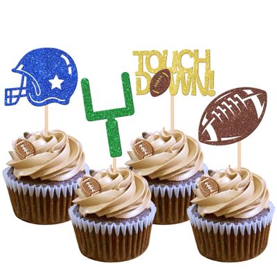 24 Pack American Football Cupcake Toppers Football Touchdown Cupcake Picks Soccer Player Cupcake Decorations for Super Rugby Sports Theme Men Boys Birthday Party Supplies Colorful