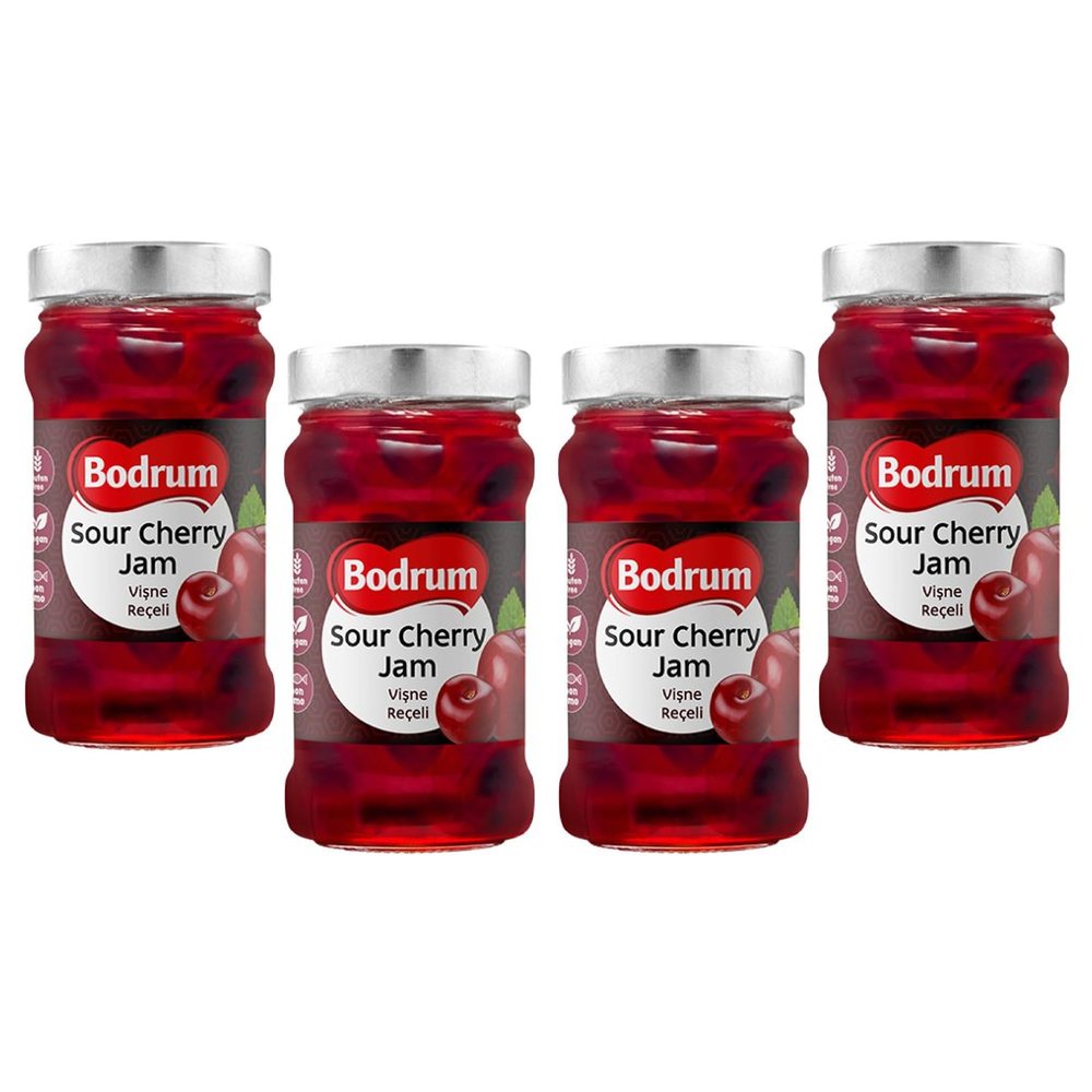 Bodrum Sour Cherry Fruit Jam 380g | Rich and Vivid Flavour Preserved Fruit | Sweet & Tart Flavors | Spreadable Texture | Unique & Delicious Taste | Turkey Origin (Sour Cherry Jam, 4 Pack)