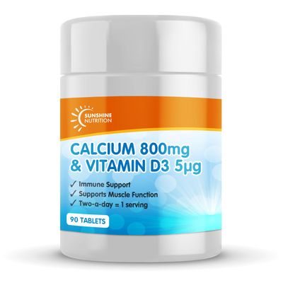 Calcium 800mg and Vitamin D3 5g per Serving /90 Tablets by Sunshine Nutrition, Made in UK