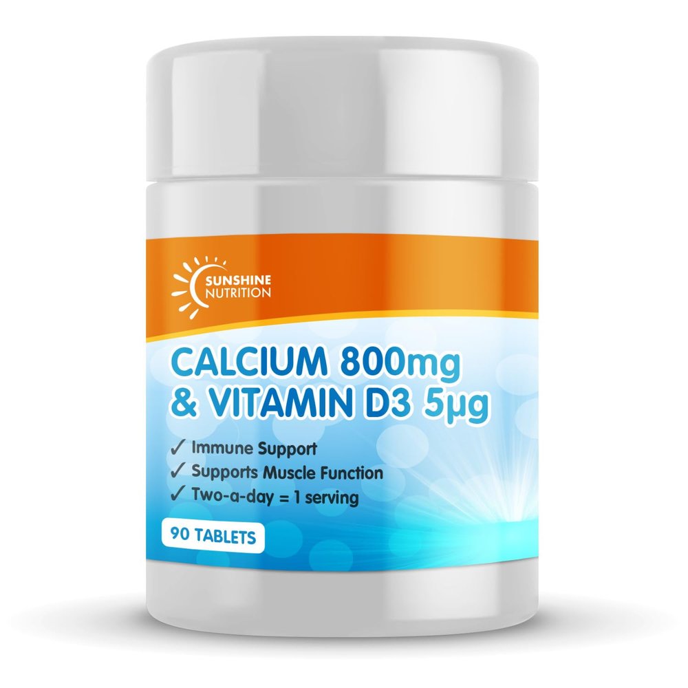 Calcium 800mg and Vitamin D3 5g per Serving /90 Tablets by Sunshine Nutrition, Made in UK