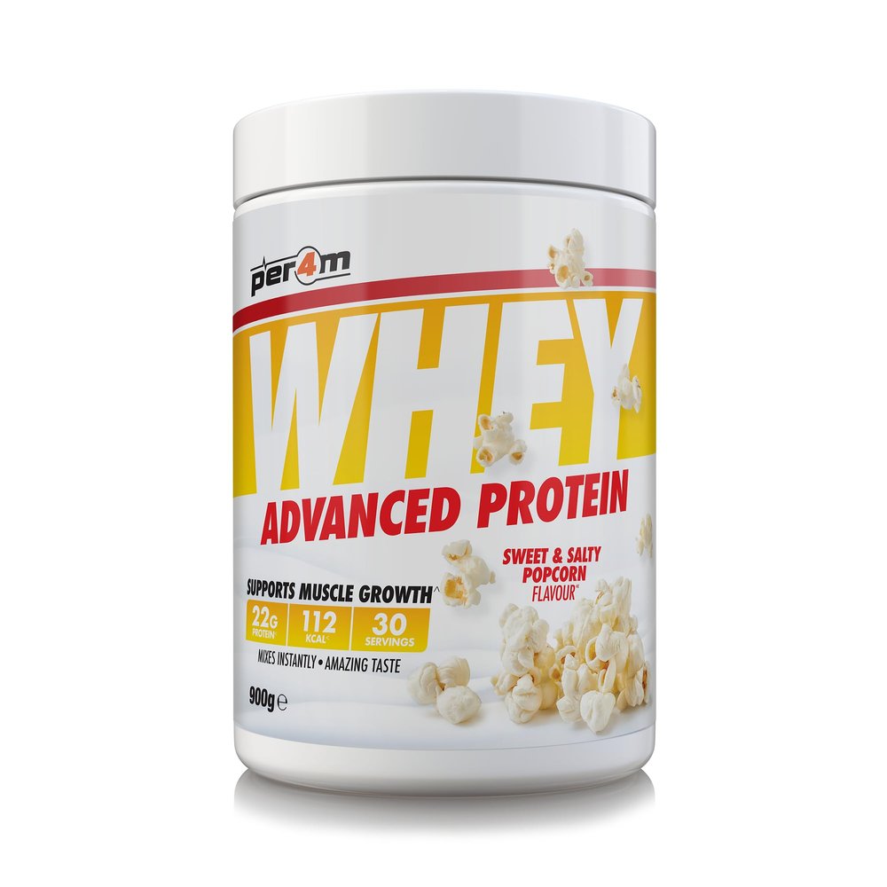 Per4m Whey Protein Powder | High Protein Shake for Muscle Growth & Recovery | Low Sugar Gym Supplement | Sports Nutrition Drink + Amino Acids (900g, Sweet & Salty Popcorn)