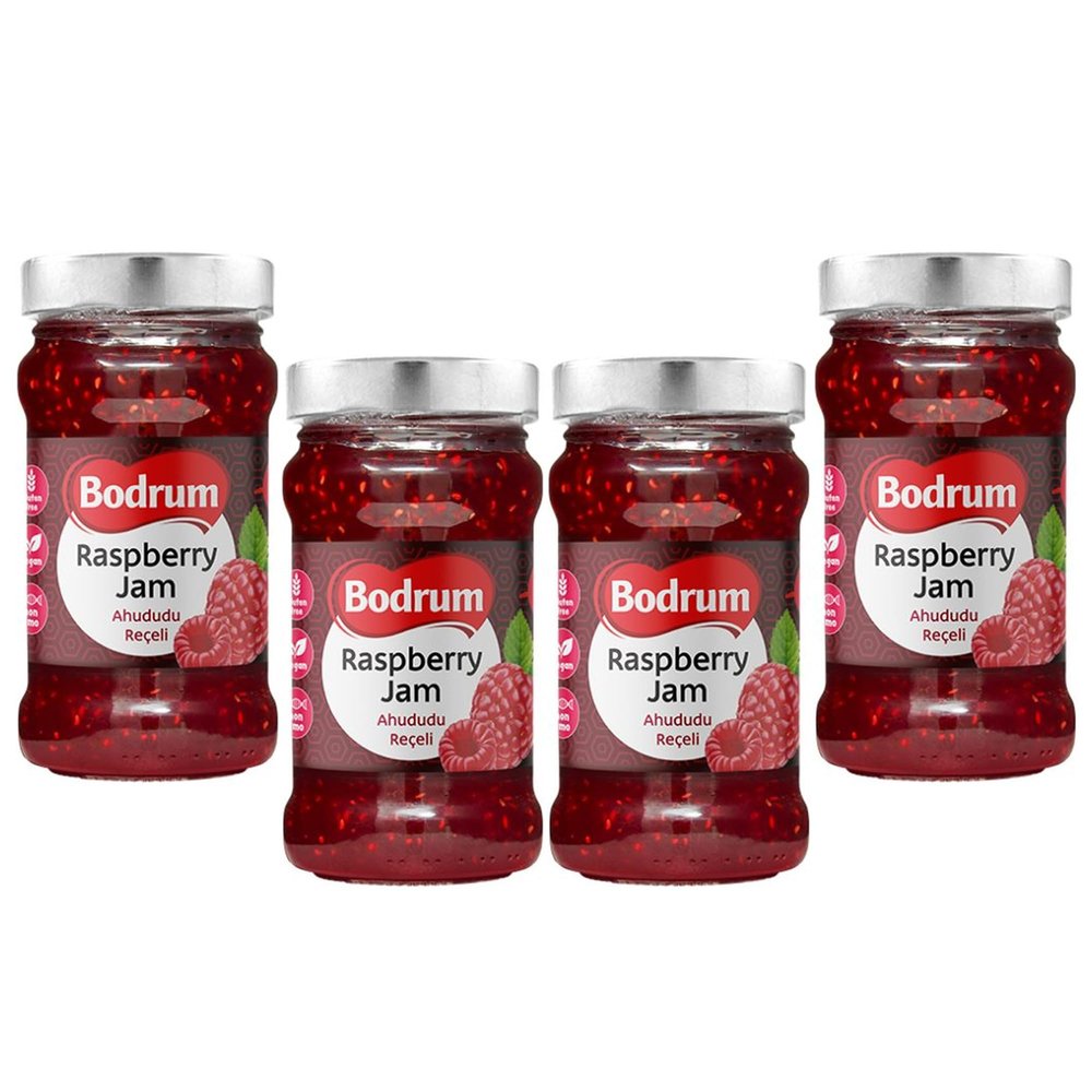 Bodrum Raspberry Fruit Jam 380g | Rich and Vivid Flavour Preserved Fruit | Sweet & Tart Flavors | Spreadable Texture | Unique & Delicious Taste | Turkey Origin (Raspberry Jam, 4 Pack)