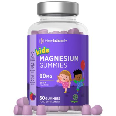 Kids Magnesium Gummies | 5400mg Magnesium Citrate Per Bottle | 2 Month Supply | 90mg x 60 Berry Flavoured Gummies | Vegan Supplement for Children | By Horbaach
