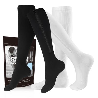 cerpite Zipper Compression Socks Men & Women - 2 Pairs Of 15-20mmhg Closed Toe Compression Socks Knee High,Suit For Running,, Black White, 3XL