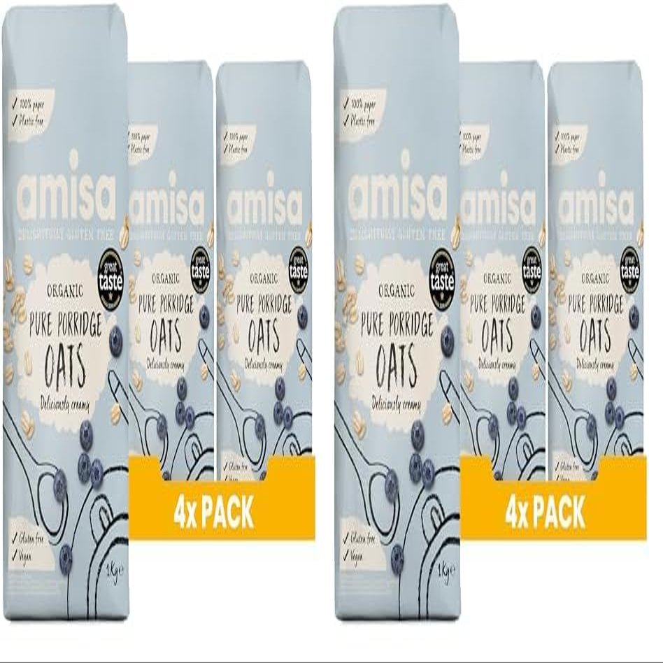 Amisa Organic Gluten Free Porridge Oats, 1kg - Batch Tested for Gluten - Source of Fibre - Sustainable 100% Recyclable Paper Packaging - For Cooking, Breakfast or Baking (Pack of 2)