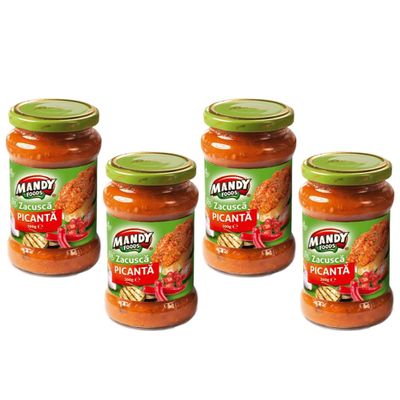 Mandy Zacusca Vinete 250g | Eggplant Zacusca Jarred Cooked Food | Ideal Condiment Chutneys, Pickles, Fresh Bread & Savoury Biscuits | Elevate Snacking Mealtime (Spicy ZACUSCA 300g, 4 Pack)