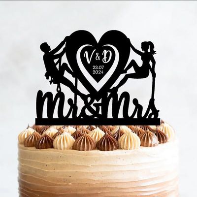 Custom Climbing Mr And Mrs Wedding Cake Topper, Mountain Rock Climber Travel Hiking, 6-7.8 Inch Fand Cake, Lover, Newlyweds Celebration