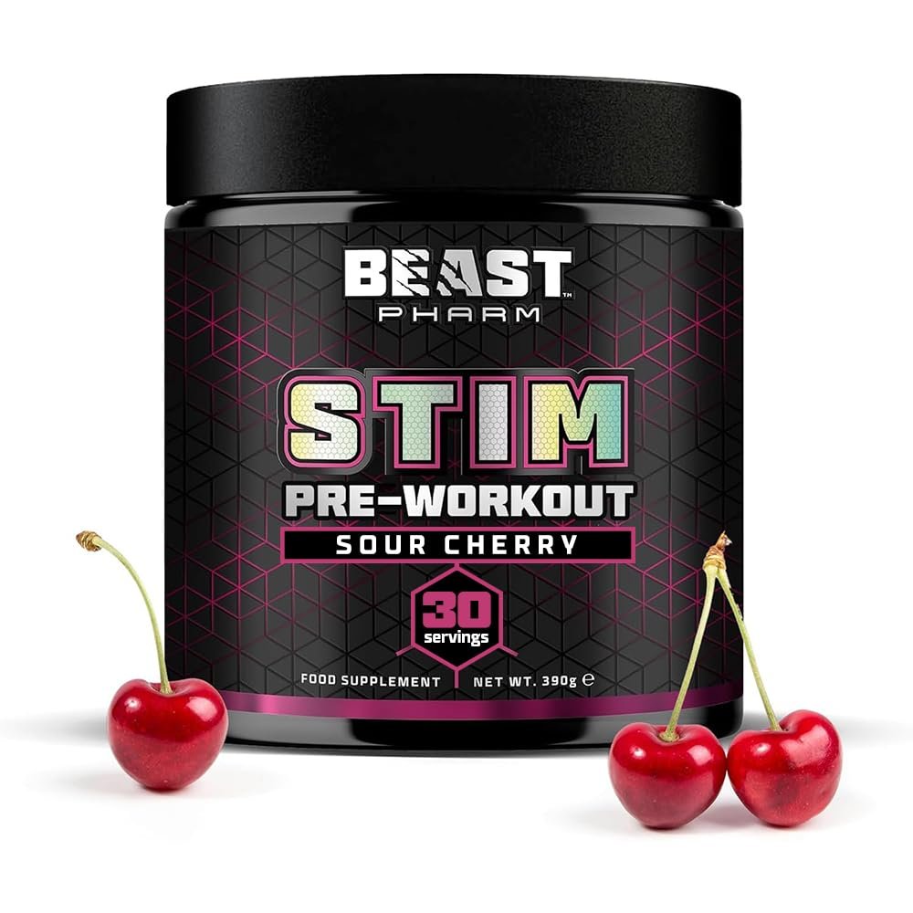 Beast Stim Pre Workout Powder - 30 Servings - Gym Supplements for Men and Women 390g - Beta Alanine Preworkout - Sour Cherry