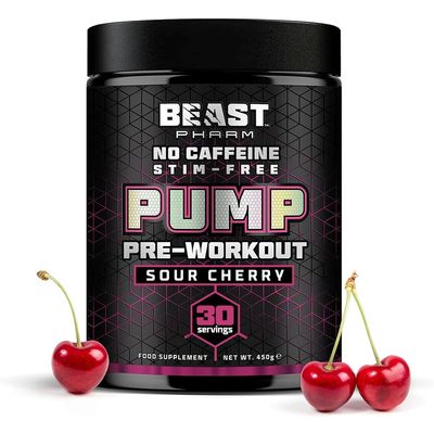 Beast Pump Non Stim Pre Workout Powder with L Citrulline - 30 Servings - Stim Free Zero Caffeine - Energy & Performance Preworkout - Sour Cherry