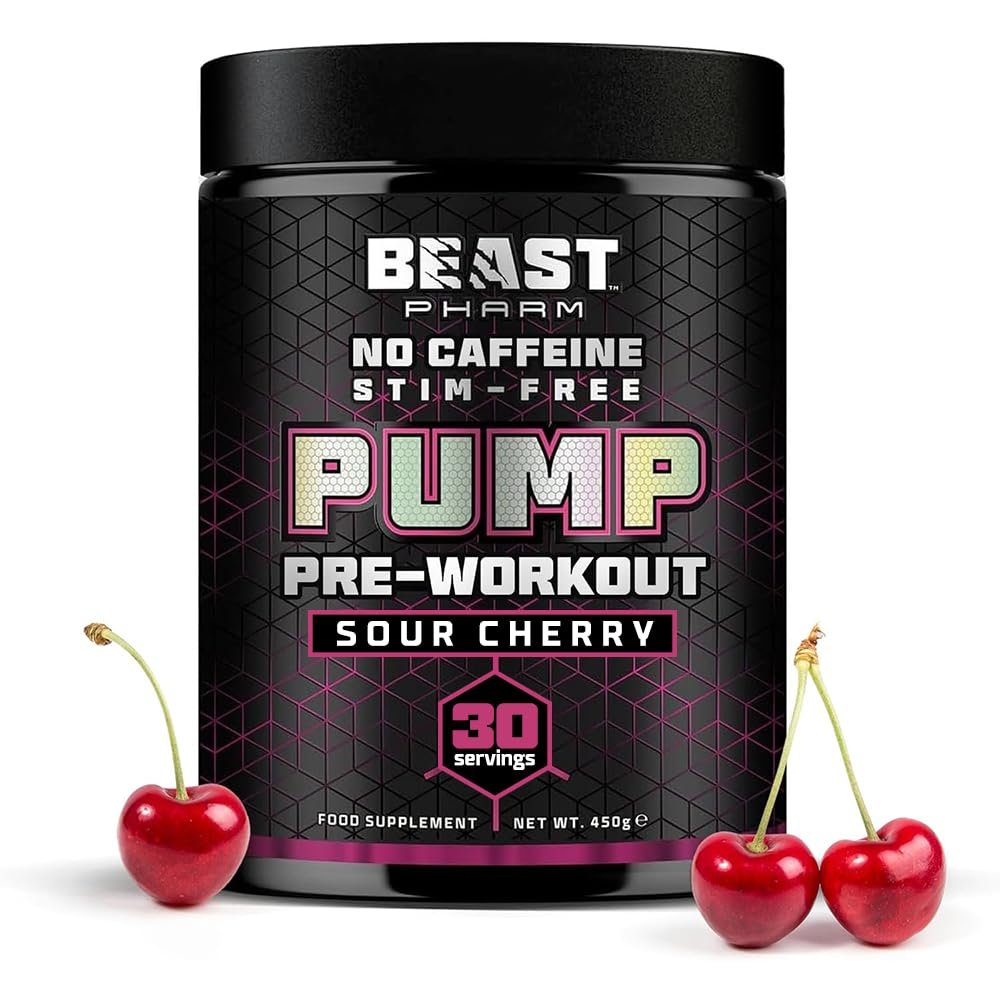 Beast Pump Non Stim Pre Workout Powder with L Citrulline - 30 Servings - Stim Free Zero Caffeine - Energy & Performance Preworkout - Sour Cherry