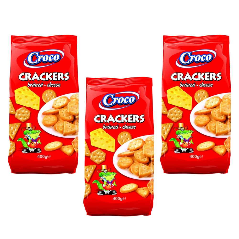 Croco Crackers Biscuiti Branza 400g | Romanian Traditional Perfectly Baked Crunchy Snack | Movie Night or Kids Parties | Delicious and Nutritious | Energy Boost (Crackers Biscuiti Branza 400g, 3 Pack)